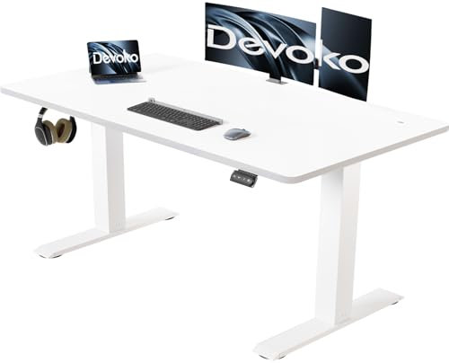 Devoko Höhenverstellbarer Schreibtisch 120 x 60 cm mit Kabelwanne, Elektrisch Höhenverstellbarer Stabiler Stehpult, Computertisch 2-Funktions-Memory, Ergonomischer Steh-Sitz Tisch (Weiß)