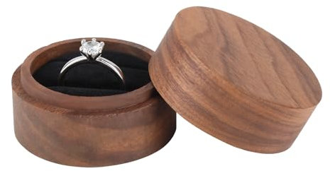 Walnuss Holz Ring Box, Ringbox Hochzeit für Verlobungs und Eheringe im Rustikalen Runde Vintage-Stil mit zwei Samtfächern ideal für Reisen und die tägliche Aufbewahrung, Kompakt und Leicht (A)
