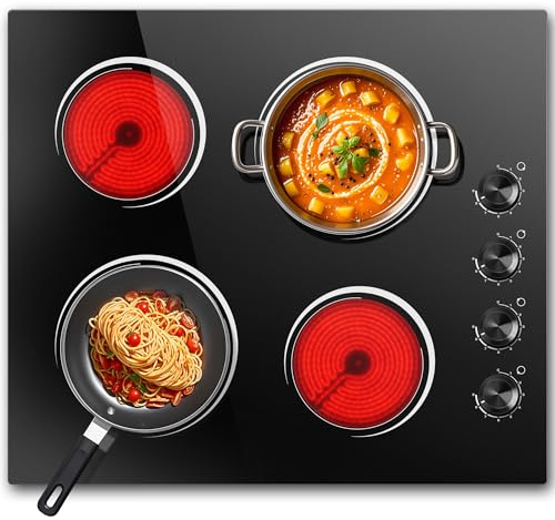 4 Burners Electric Stove Top with Knob Control,24 Inch,6000W Built-in Radiant Electric Cooktop, 9 Power Levels, Hot Warning, 220V Hard Wire(No Plug)