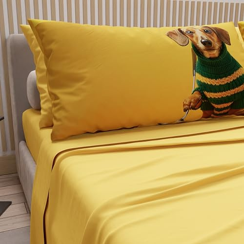 PETTI Artigiani Italiani - Lenzuola Animali con Cani in Cotone con Federe in Stampa Digitale, Completo Letto Una Piazza e Mezza Giallo, 100% Made in Italy