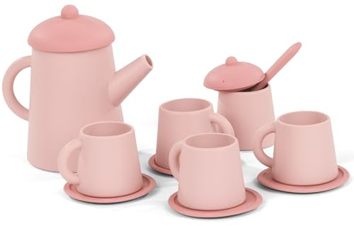 Götz 3403562 Tee-Set Teeservice Silikon lebensmittelecht für Puppen 13-TLG | Kanne mit Deckel, Zuckerdose mit Deckel, Löffel, 4 Tassen und 4 Untersetzer, für Kinder ab 3 Jahren
