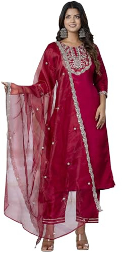 VredeVogel Kurta Set med Dupatta | Broderad silkesblandning rak Kurta byxset för kvinnor, Körsbär, S