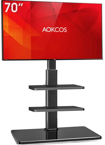 AOKCOS TV Ständer für 32-70 Zoll Flach&Curved Fernseher, TV Bodenständer Höhe 1350mm, Höhenverstellbar Schwenkbar Neigbar Fernsehständer 3 Stufigen Regalen, Max.VESA 400x400mm bis zu 40kg (Schwarz)