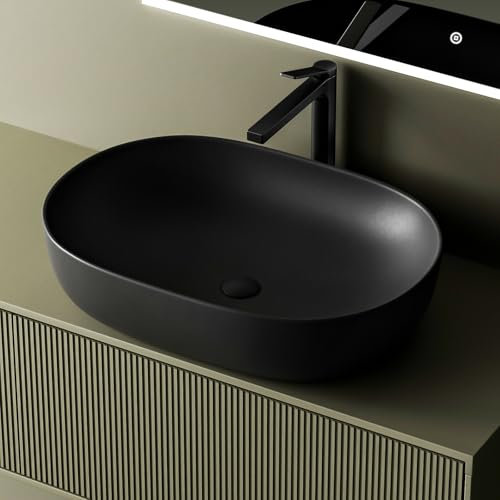 EMKE Lavabo à Poser,Lavabo Ovale, 600 x 415 x 135 mm, Noir Mat, Lavabo Résistant aux Rayures, Facile à Installer et à Entretenir, Vasque pour Salle de Bain et WC Invités