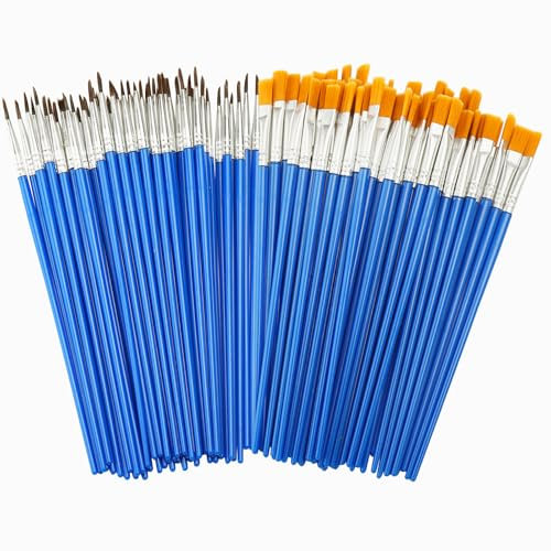 Lot de 100 pinceaux, 50 pinceaux ronds et 50 pinceaux plats en nylon pour peinture acrylique, enfants et adultes, pour dessiner, bricoler, fournitures artistiques