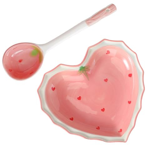 Hemoton Ceramic Dessert Plate Candy Bowl Heart Shaped Bowl with Spoon Valentines Day Plates Cute Strawberry Fruit Appetizer Serving Bowl Sushi Dinner Plate Snack Serving Platter 6