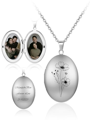 Zysta Collana Porta Foto Personalizzata con 2 Foto e Fiore Nascita in Acciaio Inox Collana Medaglione Ciondolo Locket Ovale Incisione Nome Messagio Gioielli Memoriale per Complanno Anniversario