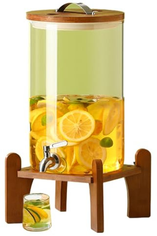 Dispenser per Bevande in Vetro, Dispenser per Bevande da 7,5 Litri con Rubinetto, Coperchio e Supporto in Legno, Barattolo per Bevande Calde o Fredde, Feste a Buffet, Catering e Birra