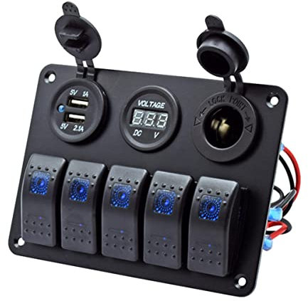 Uonlytech Panneau de Commande et 2 Ports USB 5 Voies 24v 3,1a 12v Affichage Numérique de Tension, Protection Surchauffe et Court-Circuit pour Remorque Moto