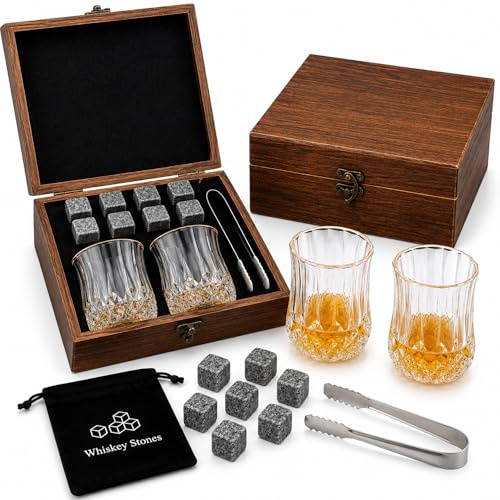 Whiskey Gift Set for Men, Whisky, Glass, Accessories Set, Gifts, For Men | 2 Whisky Glasses, 8 Reusable Whiskey Stones, Tongs & Slate Coasters in Premium Wooden Box, Gifts, For Him