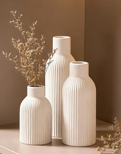 VASETOPIA Keramik Vase 3 Stück, Nordischer Boho Stil Blumenvasen Home Decor für Pampasgras, Bücherregal, Flur(01Weiß)