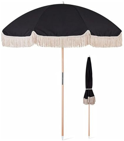 Ruiseawing Strandschirm mit Quaste, 2,13 m, gotischer schwarzer Urlaubsschirm, tragbarer Gartenschirm, UV-Schutz, Sonnenschirm für den Außenbereich für Balkon, Terrasse