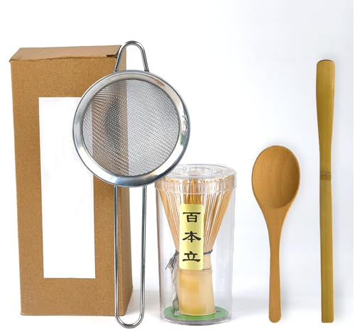 Mimiio Matcha Whisk Set, 4 Pcs Macha Tea Set Includes Bamboo Whisk (Chasen), BambooSpoon (Chashaku), Stainless Steel Sifter, Teaspoon, Matcha Starter Kit Traditional Handmade 100% Natural Bamboo