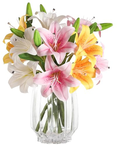 6Pcs Artificial Lilies,15'' Single Stem Artificial Plastic lillies Flowers | 3Colors,18 Faux Lily Heads and Buds,Fake lillies for Home Decoration Wedding Flower Arrangment Holiday Floral Decor