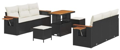 vidaXL 9 Delars Trädgårdsoff Set Med Gräddvita Kuddar Svart Poly Rattan Akacia Modern Utomhus Modulär Sektionell För Komfort Och Mångsidighet I Patio Balkong Möbler Loveseat Sittmöbel
