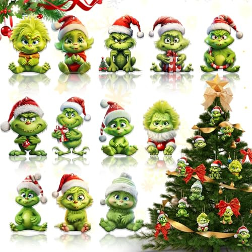 Plstod 12 Stück Weihnachtsbaumschmuck, Grinchs-Weihnachtsschmuck, 2D Acryl-Anhänger, 2025 Gri nch Weihnachtsbaum Anhänger, Fröhliche Lustige Puppen Ornamente für Weihnachtsbaum Dekorationen
