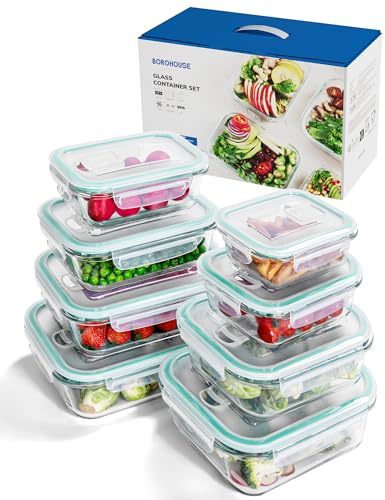 BOROHOUSE Frischhaltedosen aus Glas 8er-Set – Vorratsbehälter, Ofenfest (-20°C bis 510°C), Luftdichter Verschluss, Stapelbar, Geschenkverpackung