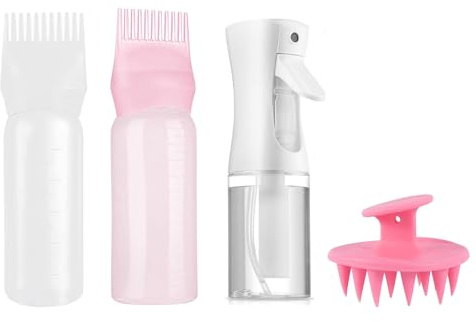 JINJUMEI 4 Aplicadores de Aceite para el Cabello, Botella de Spray para Pelo Ultrafina, Botella de Cepillo para TeñIr el Cabello y Cepillo de Masaje de Cabeza, Herramienta Fiable para TeñIr el Cabello