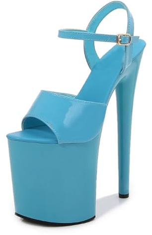 OTMYIGO Damskor med hög klack och plattform, poledance-sandaler med remmar och peeptoe-skor, modellgångssandaler för nattklubbsdans,Light blue,42 EU
