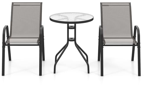 GIANTEX Conjunto de Muebles de Jardín 3 Piezas, 2 Sillas de Tejido Transpirable y 1 Mesa de Café con Tablero de Vidrio, Sillas Apilables, Marco de Metal, Juego de Bistró para Patio, Balcón (Gris)