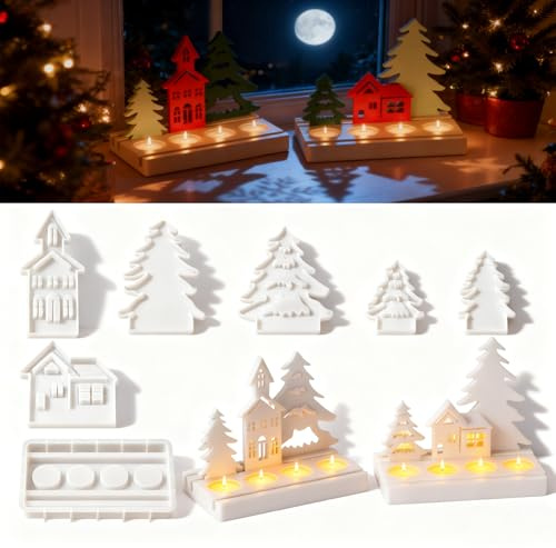 OTTOOPPXIN Juego de Moldes de Silicona 7 en 1 para Manualidades DIY, Moldes para Velas, Resina Epoxi y Yeso, Moldes Decorativos de Árbol y Casa, Reutilizables y Flexibles