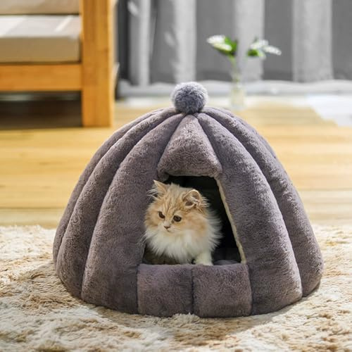 Katzen- und Hundehöhle, tragbares Haustier-Iglu, Welpen, Kätzchen-Zelt, Haus mit abnehmbarem, waschbarem Kissen, halbgeschlossen, für kleine und mittelgroße Katzen, warmes Hundehütte (Grau, S-48 x 40
