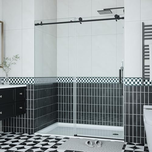 Frameless Sliding Glass Shower Door 56–60 Inch W x 76 Inch H – Single Sliding Door with Fixed Panel, 8mm Tempered Glass, Stainless Steel Round Rail, Matte Black