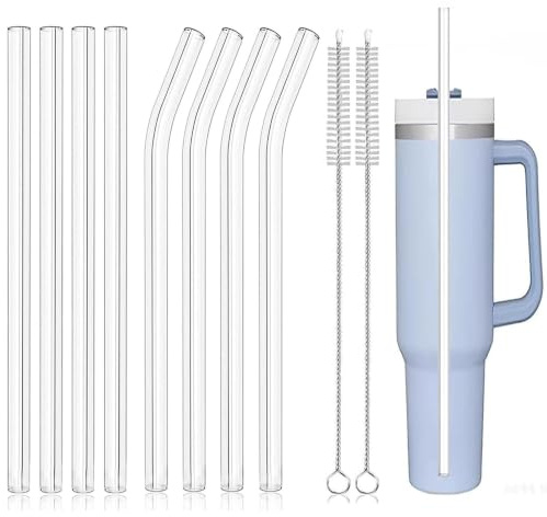 Lot de 10 Paille en Verre Pailles Réutilisable 31cm (4 Droites + 4 Courbées) avec 2 Brosses de Nettoyage Paille Reutilisable Verre Transparente Haute pour Bubble Tea Cocktails Café Smoothies Jus
