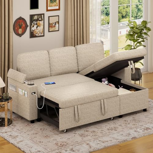 Jooli H Corner Sofa Bed, 3-in-1 Convertible Sleeper Sofa Couch with 6 Adjustable Backrest, Storage Armrest and USB Charge, 3 Seater Linen Pull Out L Shaped Sofa Bed for Living Room, Bedroom, Beige