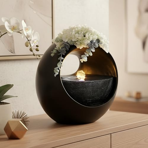 Zimmerbrunnen Blumenvase schwarz oval BK915 mit LED Beleuchtung Tischbrunnen Vase modern Brunnen Wasserspiel 29 x 30 cm