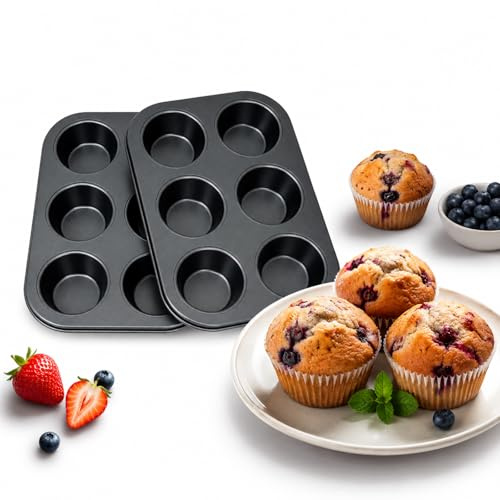 2 Pack 6 Cup Muffin Tin, Non-Stick Cupcake Tray, Carbon Steel Yorkshire Pudding Tray, Easy Release and Easy Clean Bakeware with Wide Grip Edge for Brownie, Muffins, Cupcakes, Yorkshire Pudding Pies