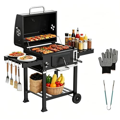 DEWINNER Barbecue au Charbon de Bois Six niveaux, Thermomètre Intégré, Pince à Gants Thermiques,Barbecue XXL avec Grille de Maintien au Chaud, Fêtes et Réunions de Famille | Évents Réglables, Tiroir à Cendres, Roulettes, Idéal Jardin/Balcon/Cour (Barbecue à 7 niveaux de chaleur)