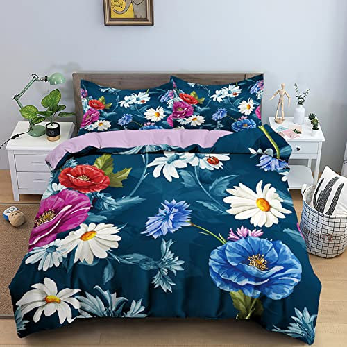 Funda Nordica Cama 105 Crisantemo Azul Ropa de Cama para Niños Adultos con Cremallera cómodo y Transpirable Microfibra Fundas Nordicas 200x200 cm + 2 Fundas de Almohada 50x80 cm