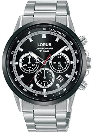Lorus Sports Chronograph Quartz Black Dial Stainless Steel Bracelet Mens Watch RT397JX9