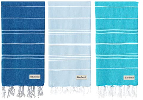 Blue Beach 3 Set Turkish Beach Towels-100x180cm Large Turkish Hammam Peshtemal Towel - Super Absorbent, Lightweight, Compact for Swimming, Bath, Gym, Sauna and Travel (Blue,Sky Blue,Turquoise)