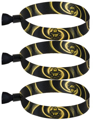100 Pack VIP Wristbands for Events, Secure Tamper-Proof Cloth Identification Bracelets with One-Time Lock, Adjustable Heat Transfer Printed Entry Bands for Festivals and Parties, Black Gold