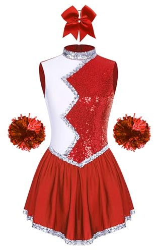 Agoky Damen Paillletten Eiskunstlauf Kleider Ärmellos Stehkragen Kürkleid Farbblock Tanzkleider mit Skaterrock Winter Sport Eislaufen Tanzbekleidung Rot mit Zubehör S