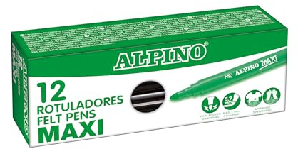 Alpino - Pennfodral i 12 svarta maxi-markörer, supertvättbara märkpennor för barn, superglansiga skolmarkörer, 5,7 mm tjocka spetspennor, lång livslängd och hållbarhet