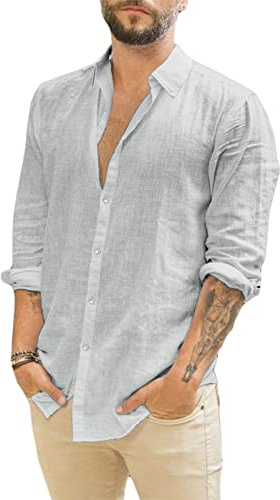 Runcati Camisa de Lino de Manga Larga para Hombre, Cuello abatible, Camisa Informal de Negocios, Camisa de Verano, Gris, M