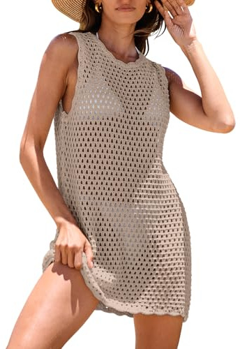 ANRABESS Womens Swimsuit Cover Up Sleeveless Knit 2026 Summer Outfits Swimwear Bathing Suit Coverup Crochet Beach Dress Khaki Small