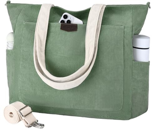 Chase Chic Bolso Mujer, Pana Bolso Bandolera Mujer Grande Tote Bag Universidad Casual Bolsa Ordenador Portátil Shopper Hombro para Viaje Trabajo Oficina Escolares Adolescentes, Verde y Blanco