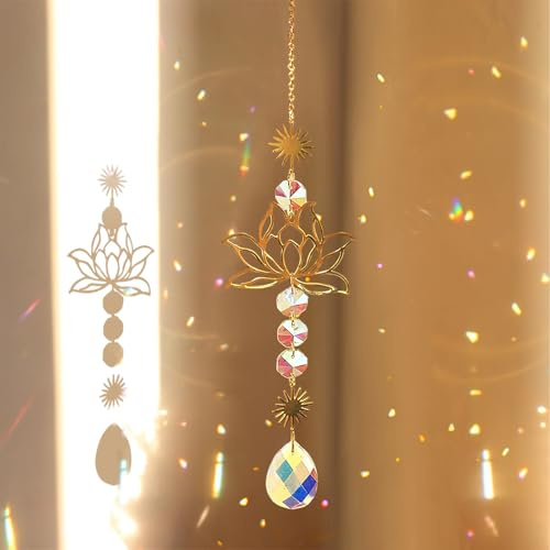 ‌Lotusblüten Sonnenfänger mit Kristallprisma – Glaswindspiel in Messingrahmen für Fensterdeko, Lichtfänger für Haus, Büro & Auto, Elegante Geschenkidee mit farbigem Lichtspiel