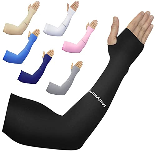 Meiyante Cooling Arm Sleeves with Thumb Holes - UPF 50+ Sun Protection & Tattoo Cover Up - Seamless Non-Slip Compression for Men & Women - Premium Made in Taiwan Quality (1 Pair, Black)