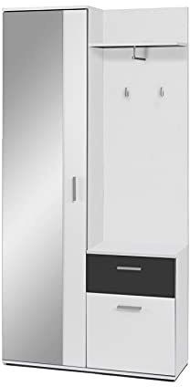 byLIVING Kompakt-Garderobe Jakob/Korpus in Weiß/Schubladen-Front in Schwarz/Garderobe mit großer Spiegeltür/Fest montiertes Set/Kommode/Schuh-Schrank/B 97, H 195, T 30 cm