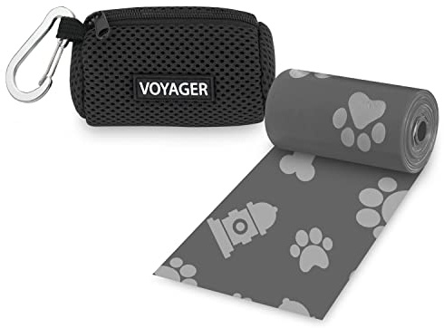 Best Pet Supplies Dog Poop Bag Holder Leash Attachment with 15 Bags, Black, Reusable Mesh Dispenser Pouch for Travel, Walking, Park, and Outdoor Use, Soft and Durable with Clip-On