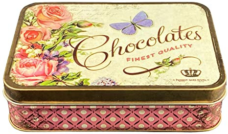 MediMuc Presentburk design Nostalgia – kärleksfullt utformad rektangulär godisburk – motiv choklad – godisburk, kakburk, plåtburk – mått (L x B x H) 14,2 x 10,1 x 3,7 cm