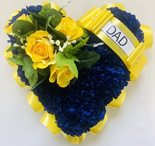 Artificial Flowers Wreath for Funeral or Grave - Heart Shaped Tribute with Royal Blue Carnation base