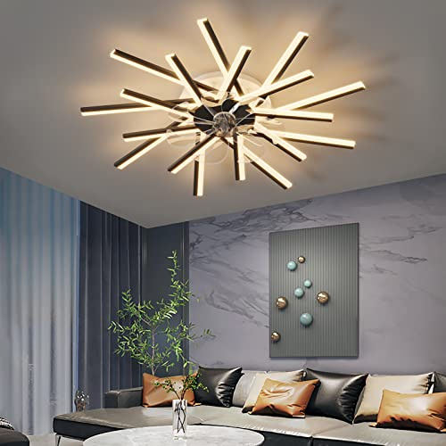 LJX Plafonnier Ventilateur Design avec Telecommande APP Controle Réversible DC Grand Lustre Ventilateur de Plafond Dimmable 6 Vitesse Ventilo Plafond Silencieux pour Salon Chambre, Noir, 92cm