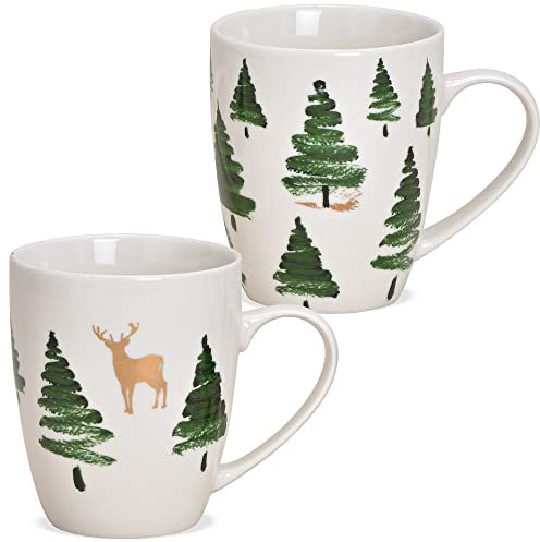 Matches21 Lot de 2 tasses à café Motif sapin de Noël Vert doré Porcelaine 12 x 10 x 8 cm 300 ml
