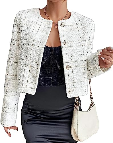 Veste en Tweed à Carreaux pour Femmes Slim Vintage Veste à Manches Longues Tweed Blouse Courte Cardigan sans col Blazer décontracté Business Workwear Veste à Cordon (Blanc,M)
